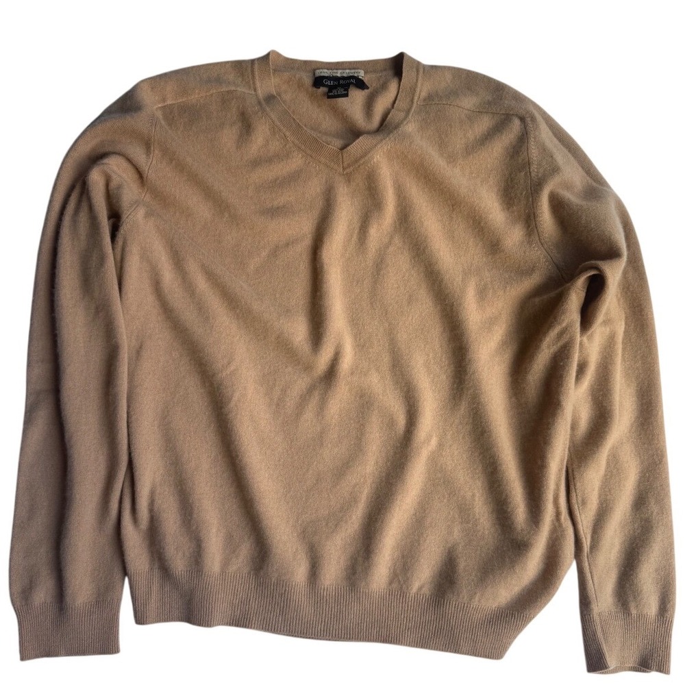 Glen Royal Tan Camel 100% Fine Cashmere V-Neck Pullover Knit Sweater XL